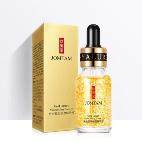 Close-up of the lightweight texture of the 24k Gold Hyaluronic Acid Face Serum from BeautyStarts, featuring shimmering gold particles for advanced skincare.