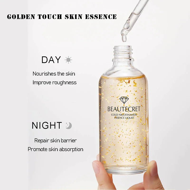 Day and night benefits of the BeautyStarts 24k Gold Hyaluronic Acid Face Serum, delivering hydration, brightening, and protection during the day, while promoting repair and deep hydration at night for radiant skin